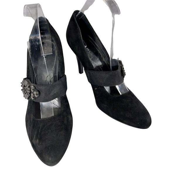 NWOT! TAHARI! BLACK GENUINE SUEDE LEATHER W/PATENT HEEL, BEADED DETAIL HEELS! 8M - Picture 2 of 11